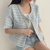 Yipinpay Femininas O Neck Short Sleeve Blue Tweed Jacket Cropped Cardigan Tops Suit Summer Plaid Shirt Women Casual Coat Korean