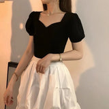 Yipinpay Vintage Bubble Short Sleeve T Shirt Women Wild Slim V Neck Black Tshirt Oversized Knit Tops New Spring Tee Blouse