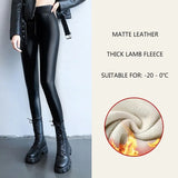 Yipinpay Autumn Winter New Thermal Leg Warm Women's Leggings Leather High Waist Fleece Velvet Black Tights Sexy PU Faux Female Pants