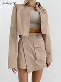 Yipinpay Khaki Street Women Cargo Skirts Suits Cropped Tops And Irregular Skirts Black 2 Pieces Sets Ladies Casual Skirts Set