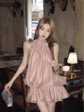Yipinpay Elegant Dresses Women Flowers Sleeveless Ruffled Collar Halter Mesh Patchwork Backless Loose Holiday Sweet Party Dress