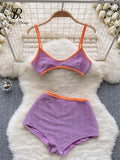 Yipinpay Fashion Vacation Shiny Swimsuits Women Strap Backless Camisole+Elastic Waist Shorts Sexy Bikini Beach Two Pieces Suits