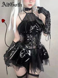 Yipinpay Sexy Cosplay Pu Dress Women Harajuku Streetwear Grunge Bandage Hollow Out Bats Dress Punk Y2k E-girl Mall Gothic Clothes