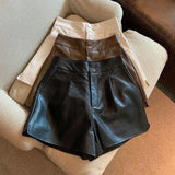 Yipinpay Women Chic Fashion Side Pockets Black Faux Leather Shorts Vintage High Waist Zipper Fly Female Short Pants Mujer PU Y2k Sexy