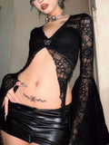 Yipinpay Goth Lace See Through Mall Gothic Women T-shirts Emo Sexy Grunge Aesthetic Flare Sleeve Crop Tops Y2k Black V-neck Alt Tees