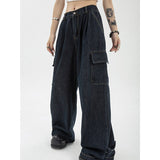 yipinpay Women's Blue Vintage Wide Leg Jeans Fashion Baggy High Waist Straight Pants High Street Mopping Denim Trouser Autumn Ladies