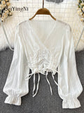 yipinpay Spring Fall V-neck Shirts Women Drawstring Buttons Korean Elegant Puff Sleeve Blouses Woman Simple Plain Crop Tops