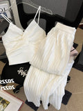 Yipinpay Women's Wide Leg Pants Suspenders Two-piece White Pleated Suit Office Lady High Street Sets V Neck Vest Folds Trousers