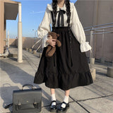 Yipinpay Gothic Lolita Long Skirt Women Harajuku Ruffle Strap Black Skirt High Waist Soft Girl Japanese Kawaii Streetwear Summer