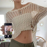 Yipinpay Pullovers Women Casual Fashion Y2K Clothes Autumn Vintage Loose Hollow Out Fairycore Grunge Knitwear Harajuku Smock Sweater