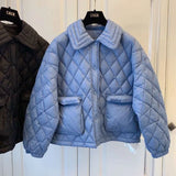 Yipinpay Women's Black Parkas Turn Down Collar Argyle Jacket Pocket Autumn Winter Plaid Coat Chaquetas Mujer Roupas Femininas Jaqueta