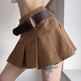 Yipinpay Y2k Vintage Belt Pleated Skirt Women Summer Sexy Korean High Waist A-line Mini Skirt Casual Preppy Style Kpop Streetwear
