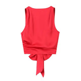 Yipinpay 2024 Women Solid Round Neck Sleeveless Sexy Backless Satin Top Summer Crop Top