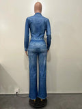 Yipinpay Blue Imitation Denim Jumpsuit Autumn Winter Women's Casual Commute Solid Color Straight Leg Jumpsuit Urban Style