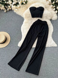 Yipinpay Women Solid Sexy Two Pieces Sets Summer Strapless Slim Camisole + Wide Leg Long Pants Sets Streetwear Two Piece Suits