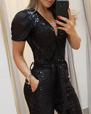 Yipinpay New sexy women's jumpsuit Black Cutout Sequin Suspender Jumpsuit with Belted and Lined