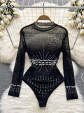 Yipinpay Beading Sequins Mesh Bodysuits Women O Neck Summer Sexy Party Club Long Sleeves Ladies Fashion Solid Rompers