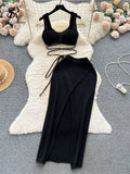 Yipinpay Fashion Y2K Vintage Knitted Suits Bandage Crop Sexy Top+Split Slim Bodycon Skirt Chic Holiday Women Two Pieces Sets
