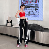 yipinpay Womans Cargo Jeans Pants High Waist Vintage Straight Trouser America Streetwear Stripe Denim Drawstring Cargo Sweat Pants