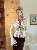 Yipinpay Women Y2K Vintage Retro Lace Floral Tops Ruffled Flare Long Sleeve Tie Front Sheer Slim Crop Cardigan Clubwear TShirt