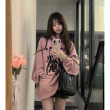 yipinpay Sweatshirt Women Hooded Letter Print Fashion Hip Hop Oversized Leisure Vintage Lazy Wind Winter Long Sleeves Tops Pullover