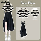 Yipinpay Women's Summer Fashion Stripe Short Sleeve Top+Strap Skirt Two Piece Korean Elegant Blouse Dress Suit 2024 New Matching Set