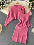 Yipinpay Autumn Knitted Dress Suits Women O Neck Long Sleeves Short Pullover+Strap Elastic Dress Korean Sweater Two Pieces Sets