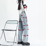 Yipinpay Blue Embroidery Baggy Jeans For Women Y2k Fashion Female High Waist Wide Leg Pants Loose Washed Denim Trousers Full Length