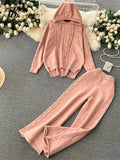 Yipinpay Winter Women Warm Knitted Suits Loose Drawstring Hooded Pullover+ Wide Legs Long Pants Fashion Sports Two Piece Sets