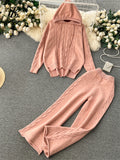 Yipinpay Winter Women Warm Knitted Suits Loose Drawstring Hooded Pullover+ Wide Legs Long Pants Fashion Sports Two Piece Sets