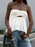 Yipinpay White Tube Top Knit Twist Crop Top Women Elegant Lace Mesh Strapless Corset Top Korean Sexy Streetwear Cute Chiffon Blouse