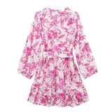 Yipinpay Pink Floral Dress Woman Print Short Dresses For Women Tie Belt Mini Chic And Elegant Woman Dress Long Sleeve Summer Dresses