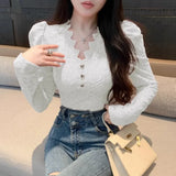 Yipinpay Fashion Shirts Women Puff Loong Sleeve V Neck Autumn Winter Slim Lace Patchwork Crop Tops Female Sexy Elegant Blouse