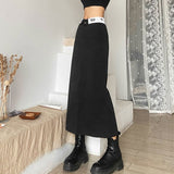 Yipinpay Vintage Y2k Long Black Skirt Women Fashion Streetwear 90s High Waist Printed Patchwork Back Split Straight Midi Skirt