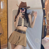 Yipinpay Y2k Vintage Belt Pleated Skirt Women Summer Sexy Korean High Waist A-line Mini Skirt Casual Preppy Style Kpop Streetwear