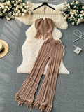 Yipinpay Summer Knitted Beach Two Pieces Sets Women Halter Backless Camis+Wide Legs Long Pants Tassel Hollow Out Bohe Suits