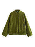 Yipinpay New 2024 Women Fashion Oversized Bomber Jacket Coat Vintage Solid Long Sleeve Female Pockets Chic Loose Outerwear