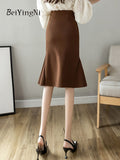 Yipinpay Autumn Winter Mermaid Skirt Women Solid Buttons Chic Fashion Patchwork High Waist Skirts for Womans Vintage Slim Jupes