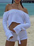 Yipinpay Pieces Women Trendy Knit Outfit Solid Color Stripe Off Shoulder Crop Tops + Elastic Waist Shorts Set For Ladies Fashion S M L