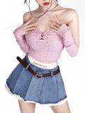 Yipinpay Sexy Korean Denim Micro Skirt Women Y2K High Waist Irregular Patchwork Fake Two-piece Pleated Mini Skirt Streetwear