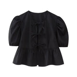 Yipinpay New 2024 Women Bow Lacing Up Puff Sleeve Crop Blouse Office Lady Shirt Chic Chemise Blusas Summer Tops