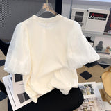 Yipinpay Ropa Mujer Aesthetic Bow Bubble Short Sleeved T-shirts Kawaii Clothes Graphic T Shirts White 3D Plaid Tshirt Y2k Tops