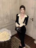 Yipinpay Knitted Dresses Women French Style V Neck Autumn Winter Basic Contrast Slim Stretch Elegant Dress Ladies Fashion