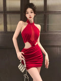 Yipinpay Woman Dress Sleeveless Halter Velvet Patchwork Mesh Hollow Out Slim Stretch Backless Party Dresses Elegant Female