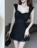 Yipinpay Woman Dress French Style Sexy Mesh Patchwork Ruffles Slim Square Collar Party Mini Dresses Backless Elegant Female