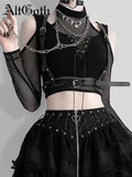 Yipinpay Gothic Mesh T-shirt Women Vintage Streetwear Punk Aesthetic Lace Up Patchwork Tee Tops Y2k Open Shoulder Emo Alt Clothes