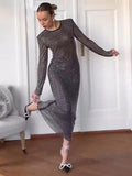 Yipinpay Sparkling Bodycon Long Dress For Women Round Neck Long Sleeves Slim Robes Fashion Autumn Evening Party Female Vestidos