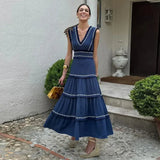 Yipinpay Patchwork Tassel Layered Maxi Dress Women Elegant V-neck Sleeveless Summer Beach Dresses Lady A-line Holiday Party Robe