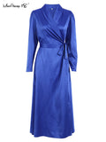 Yipinpay A-Line Elegant Wrap Midi Dresses Lace-Up Satin Women Blue Dress With Belted Pleated Office Ladies Dress Summer 2023