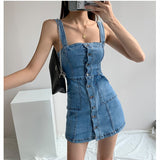 yipinpay Women Denim Dress Summer New Sexy Straps Skinny Short Skirt Blue Korean Fashion Classic Streetwear One Word Collar Jean Dress
